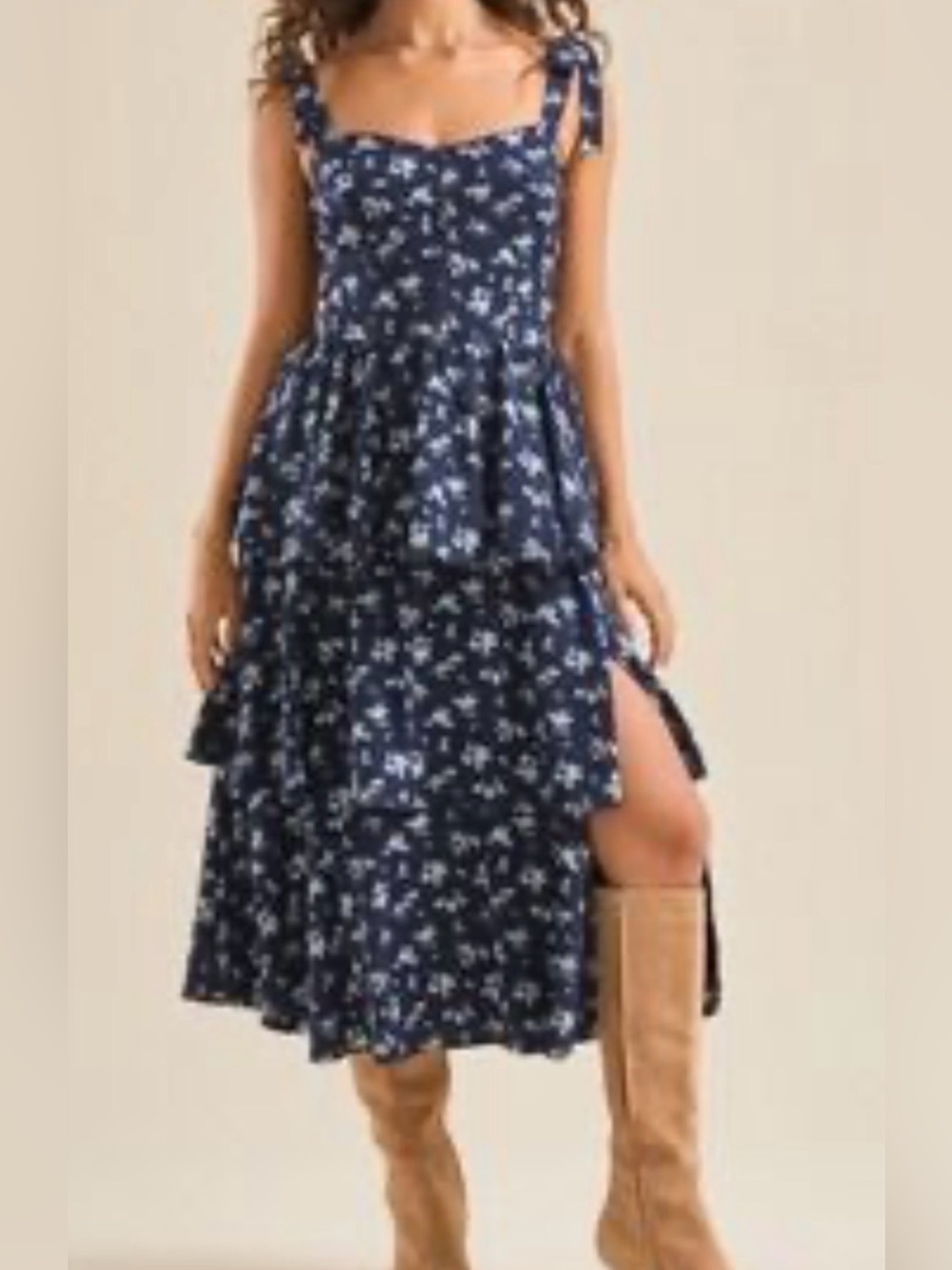 Altar'd State Navy Floral Tiered Maxi Dress with Tie Straps